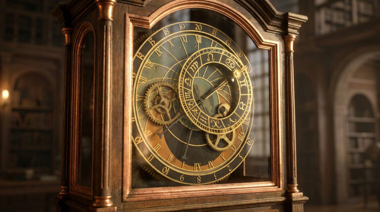 Gros plan sur une horloge astronomique en bois et laiton située dans une bibliothèque ancienne.
