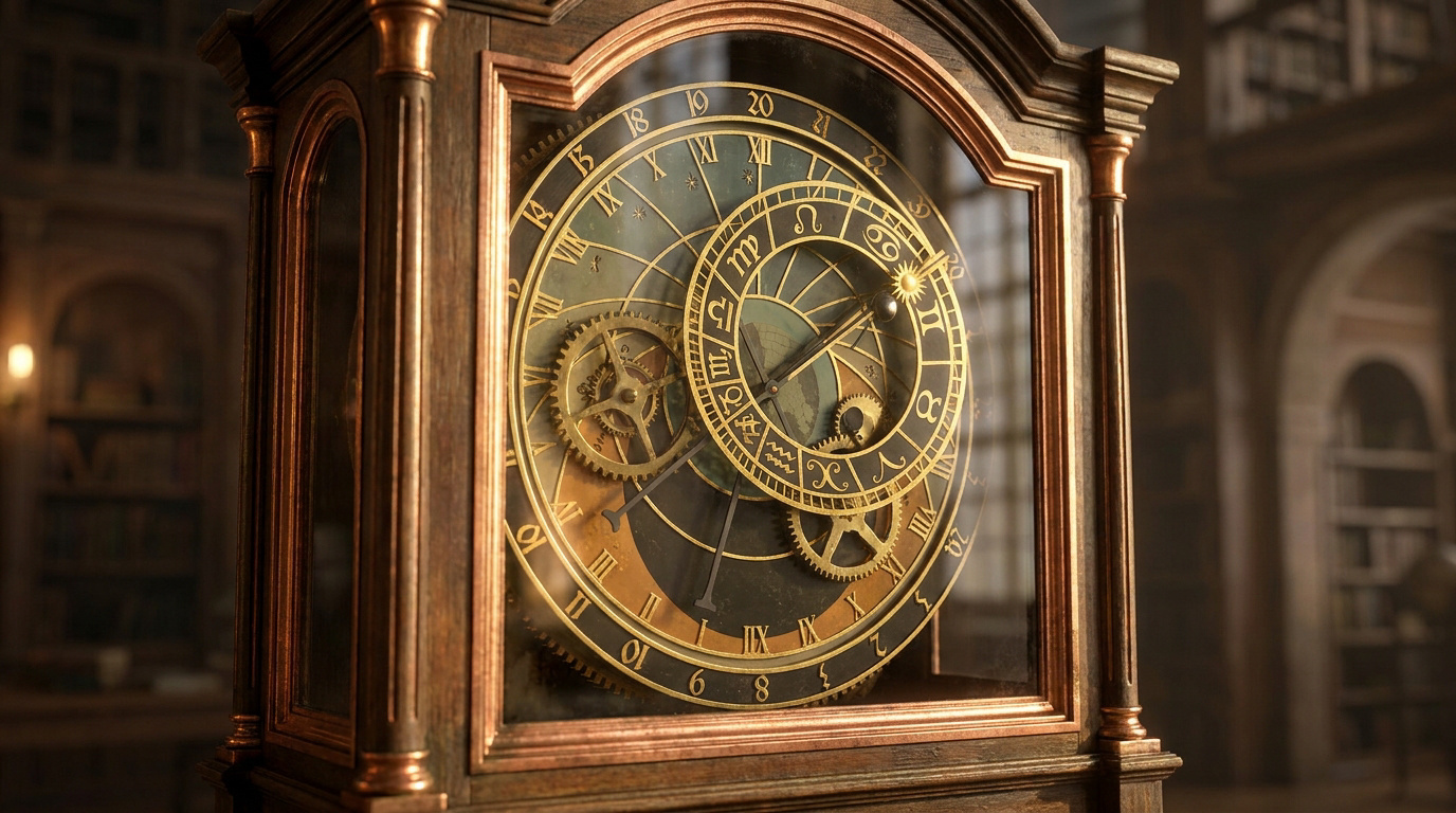 Gros plan sur une horloge astronomique en bois et laiton située dans une bibliothèque ancienne.