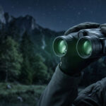 Personne portant des gants observant une forêt nocturne avec des jumelles à vision infrarouge.