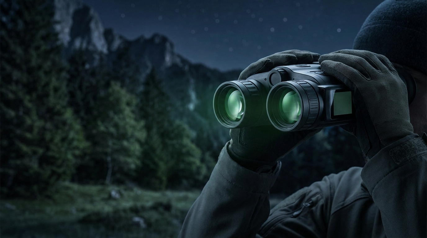 Personne portant des gants observant une forêt nocturne avec des jumelles à vision infrarouge.