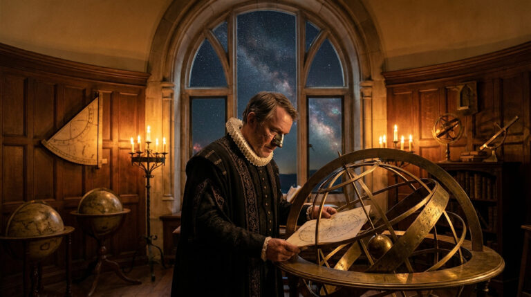 Tycho Brahe étudiant une carte céleste dans un bureau rempli d'instruments astronomiques devant une fenêtre étoilée.