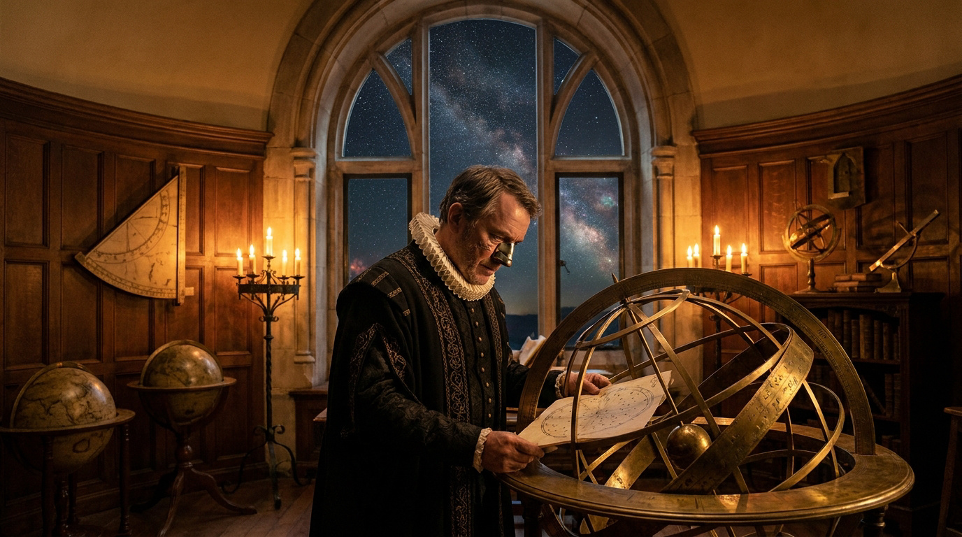 Tycho Brahe étudiant une carte céleste dans un bureau rempli d'instruments astronomiques devant une fenêtre étoilée.