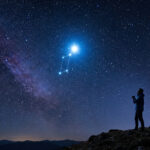 Une personne regarde le ciel étoilé où brille l'étoile Véga au sein de la constellation de la Lyre.