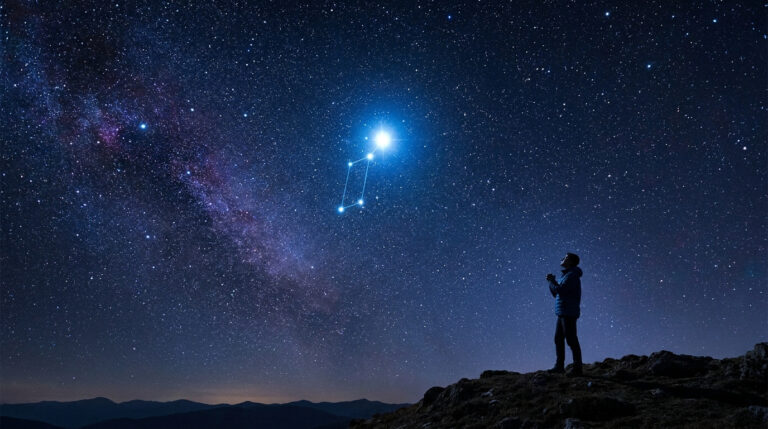 Une personne regarde le ciel étoilé où brille l'étoile Véga au sein de la constellation de la Lyre.