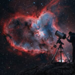 Un astronome amateur observe la nébuleuse du Cœur rouge et bleue avec un télescope depuis un sommet rocheux.