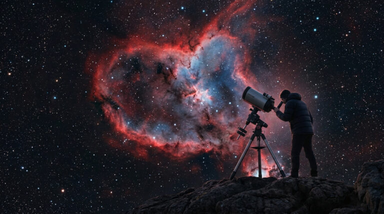 Un astronome amateur observe la nébuleuse du Cœur rouge et bleue avec un télescope depuis un sommet rocheux.
