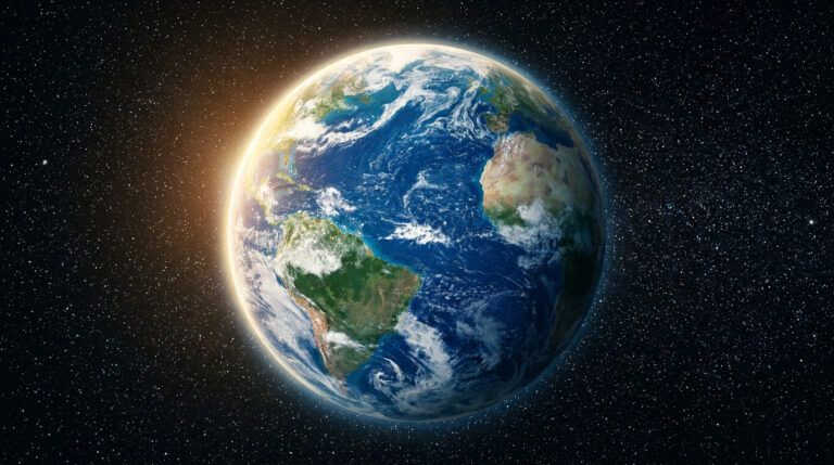 Vue spectaculaire de la Terre dans l'espace, illuminée par le soleil, avec ses océans bleus et continents visibles.