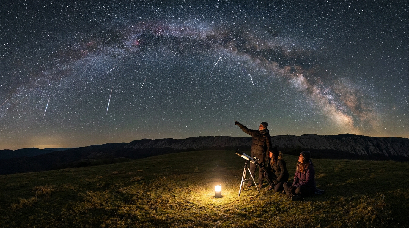 Trois personnes observent le ciel étoilé avec un télescope sous un arc spectaculaire de la Voie lactée.