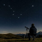 Une personne utilisant un télescope pour observer le ciel étoilé avec la constellation de la Grande Ourse mise en évidence.