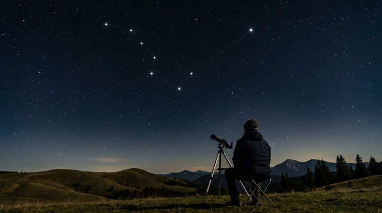 Une personne utilisant un télescope pour observer le ciel étoilé avec la constellation de la Grande Ourse mise en évidence.