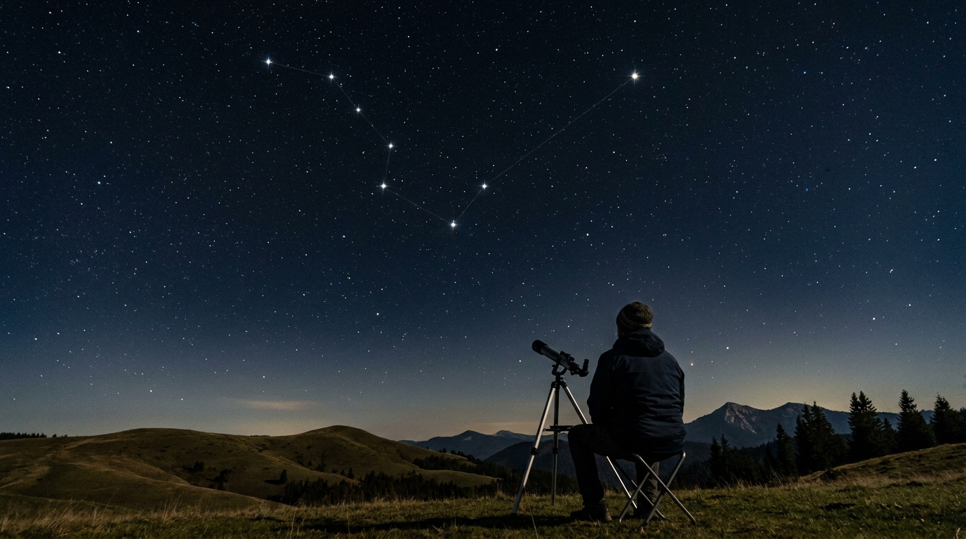 Une personne utilisant un télescope pour observer le ciel étoilé avec la constellation de la Grande Ourse mise en évidence.