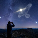 Un observateur aux jumelles regarde la constellation de l'Aigle et Altaïr dans un ciel étoilé nocturne.