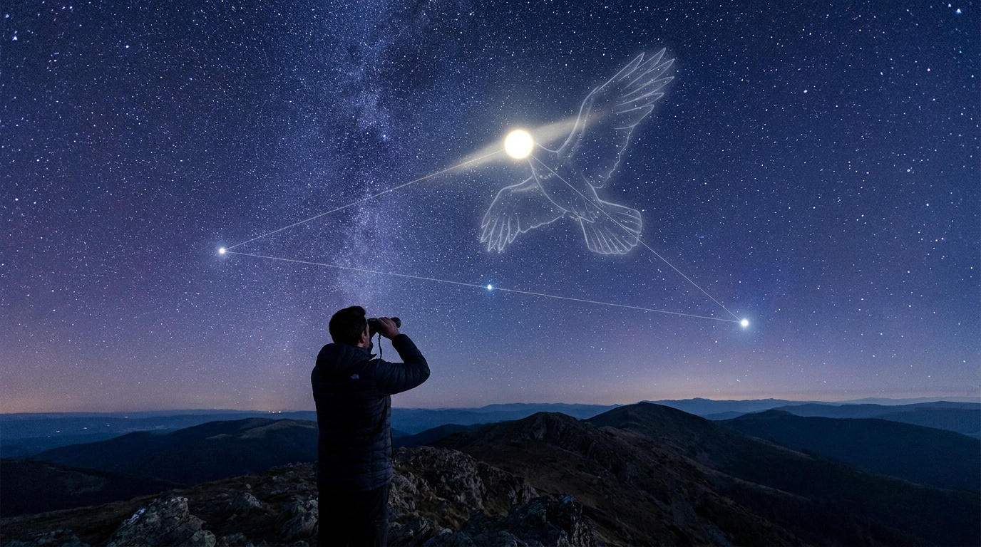 Un observateur aux jumelles regarde la constellation de l'Aigle et Altaïr dans un ciel étoilé nocturne.