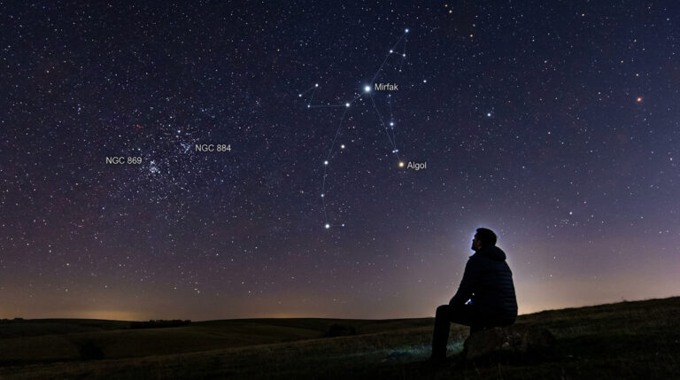 Une personne regarde la constellation de Persée et le double amas d'étoiles dans un ciel nocturne étoilé.