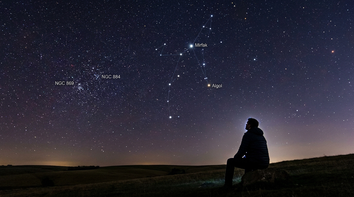 Une personne regarde la constellation de Persée et le double amas d'étoiles dans un ciel nocturne étoilé.