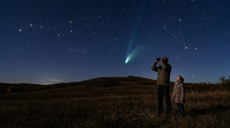 Un père et sa fille observent une comète brillante dans un ciel étoilé au-dessus d'une colline.
