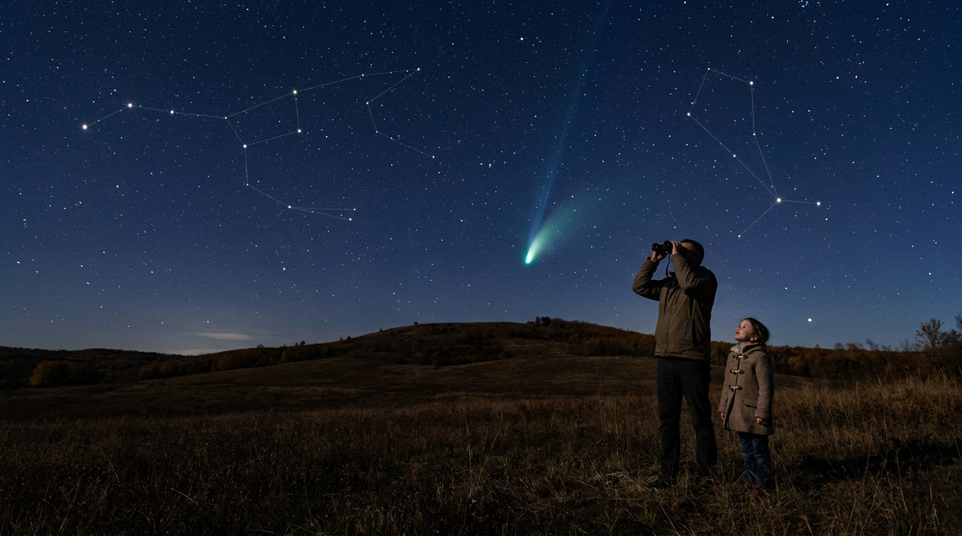 Un père et sa fille observent une comète brillante dans un ciel étoilé au-dessus d'une colline.