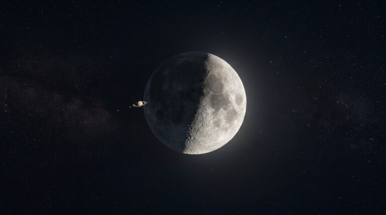 Vue spatiale montrant Saturne et ses anneaux sur le point de passer derrière le disque de la Lune en phase gibbeuse.