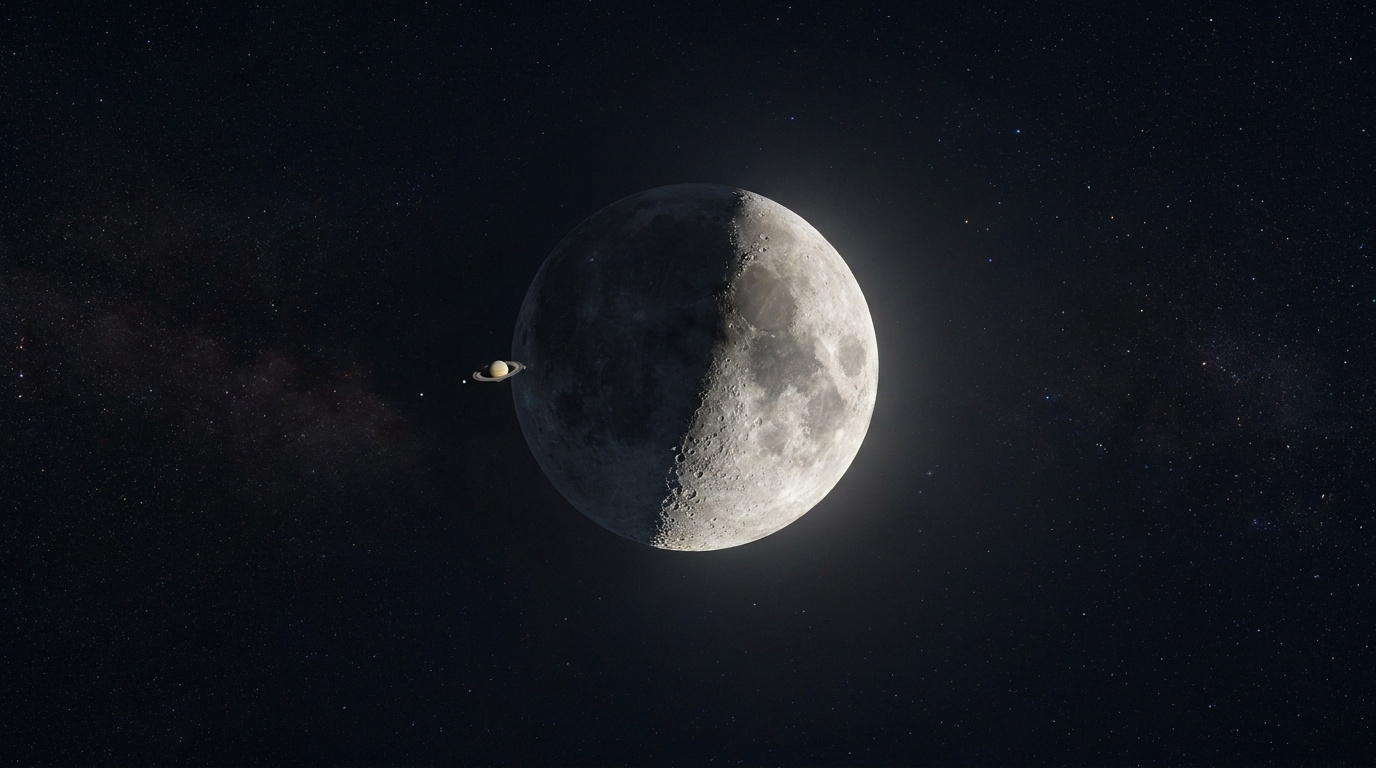 Vue spatiale montrant Saturne et ses anneaux sur le point de passer derrière le disque de la Lune en phase gibbeuse.