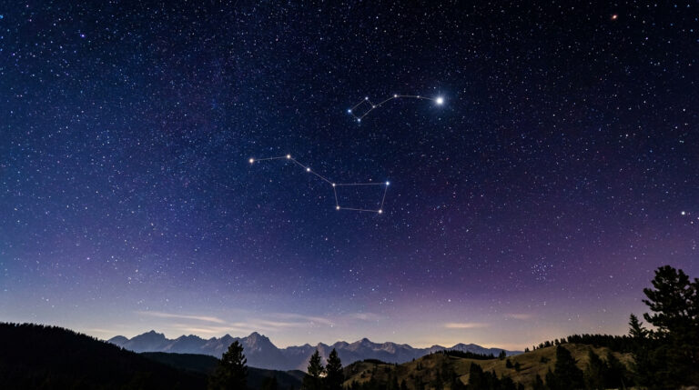 Ciel étoilé au-dessus de montagnes avec les constellations de la Grande et de la Petite Ourse reliées par des lignes.