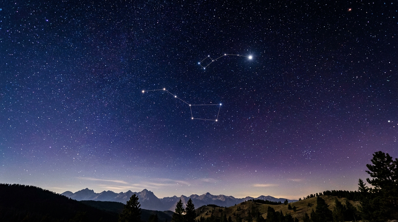 Ciel étoilé au-dessus de montagnes avec les constellations de la Grande et de la Petite Ourse reliées par des lignes.