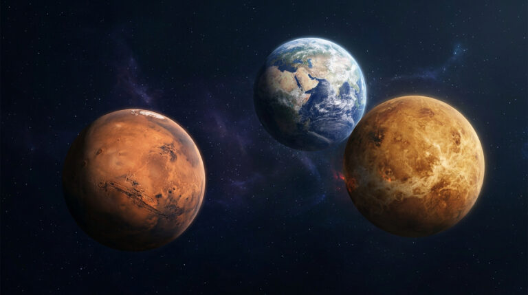 Vue spatiale montrant Mars, la Terre et Vénus sur fond étoilé.