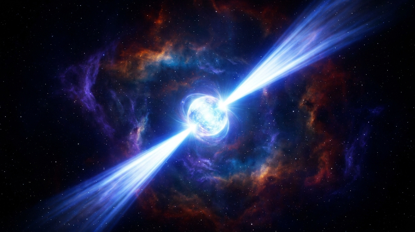 Vue d'artiste d'un pulsar émettant deux puissants faisceaux de lumière bleue dans une nébuleuse colorée.