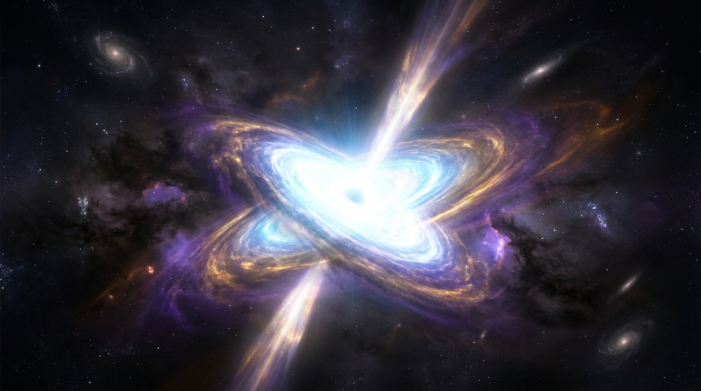Vue d'artiste d'un quasar brillant éjectant des jets de matière au centre d'une galaxie spirale entourée d'étoiles.
