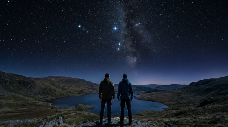 Deux personnes observent le ciel étoilé au-dessus d'un lac de montagne la nuit.