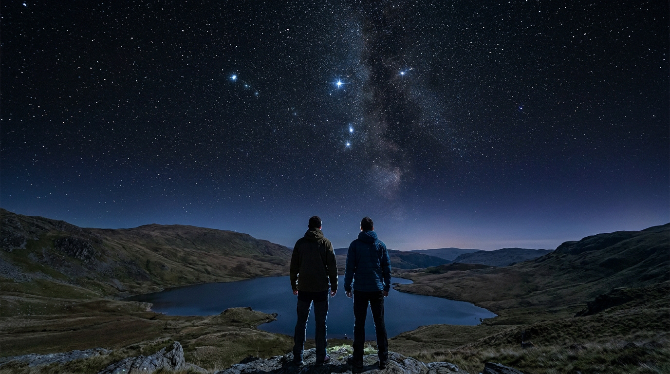 Deux personnes observent le ciel étoilé au-dessus d'un lac de montagne la nuit.