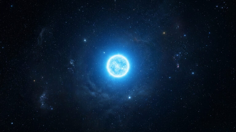 Vue panoramique de l'espace montrant l'étoile supergéante bleue Rigel brillant intensément au milieu d'un champ d'étoiles.